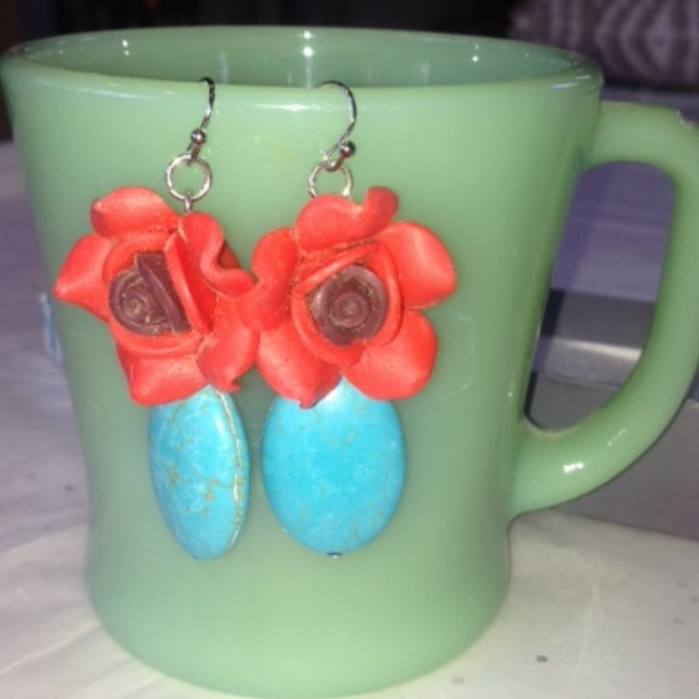 Pretty Boho Red Flower & Turquoise Dangle Earrings - Picture 2 of 6